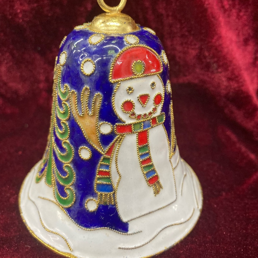 Vintage Cloisonné Festive Snowman Bell Ornament New Old Stock